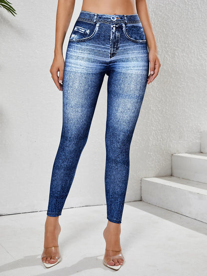 Women's Imitation Denim Leggings With Pockets High Stretchy Comfortable Tummy Control Fitness Gym Yoga Pants Daily Wear