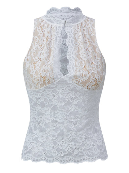 Dam Spetslinne Y2K – Sexy Lace Hollow Out Ärmlös Semi-genomskinlig Camisole, Vit & Svart