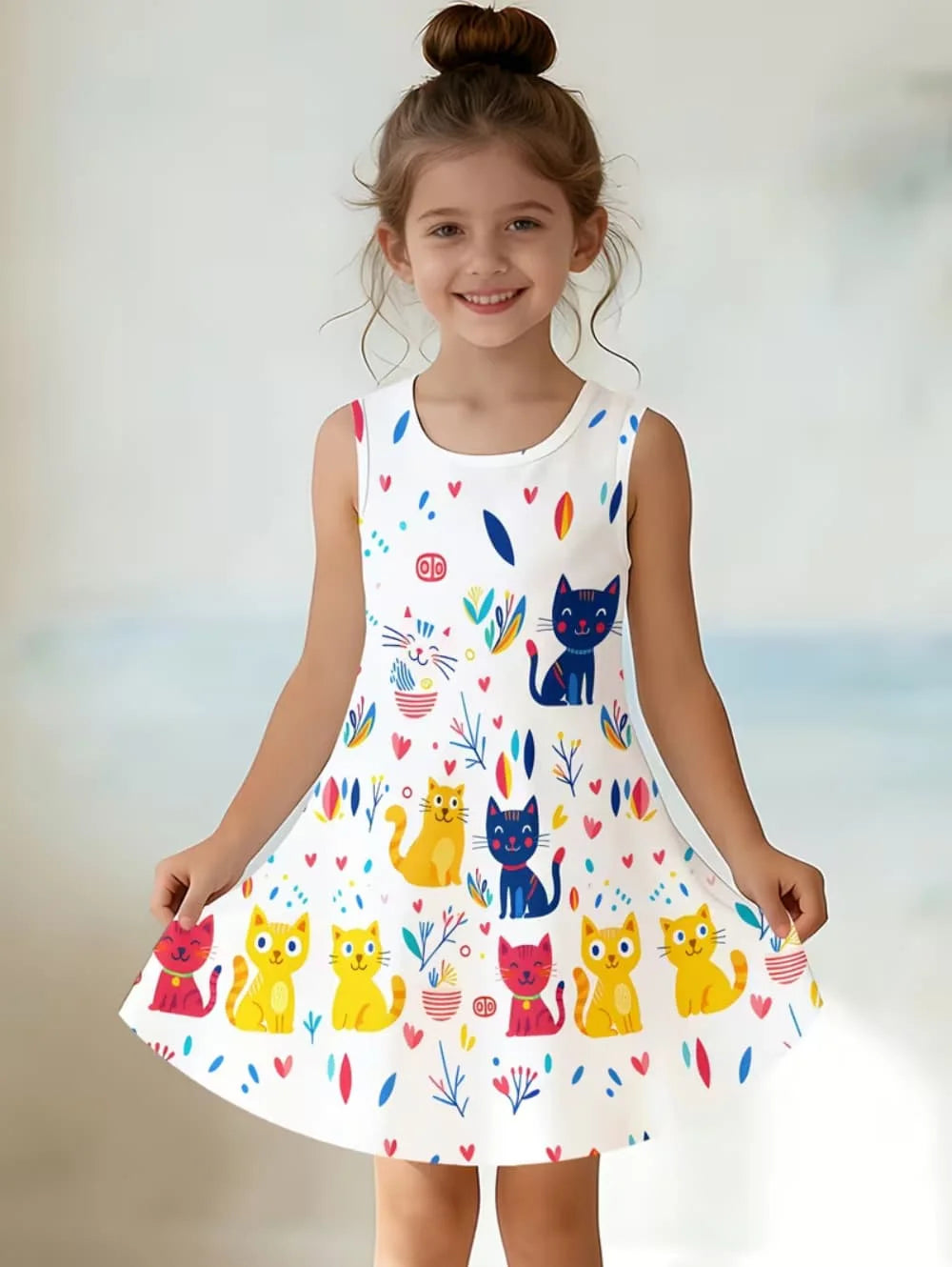 Girl Clothes Cartoon Cat Graphic Printed Girls' Princess Dress Summer Casual Dress for Girls Outfit O-Neck Birthday Gift Clothes