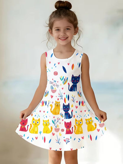 Girl Clothes Cartoon Cat Graphic Printed Girls' Princess Dress Summer Casual Dress for Girls Outfit O-Neck Birthday Gift Clothes