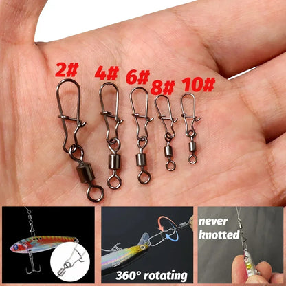50pcs/box Swivel Snap Connector Pin Rolling Ring Fishing Tackle Box Buckle Hook Lure Kit Wire Rotate Bearing Pesca Tool Gear