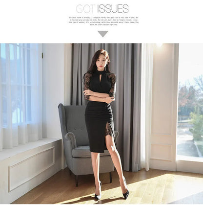 H Han Queen Hot Sale Elegant Fashion Lace Fold Split Pencil Dress Simple Series Dresses Women Korean Mid Office Casual Vestidos