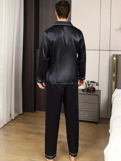 Herr Pyjamas Set Silk Satin – Långärmad Enfargad Tunn Plus Size Hemmaset, M–XXXL