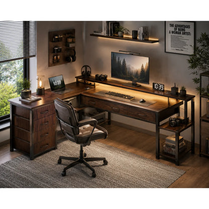 Reversible L-Shaped Gaming Desk 148cm Ultra-Wide Rgb Led App 2*Socket USB 7 Drawers Brown Grey Monitor Stand