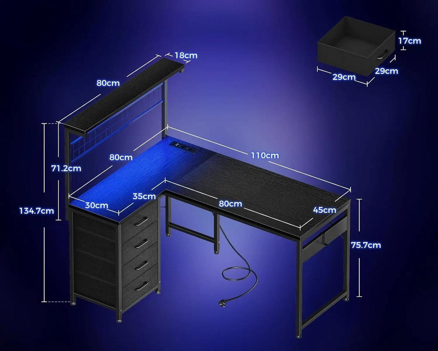 Coleshome L-Shaped Gaming Desk with 4 Drawers, 130X100Cm Gamer Desk with Led and Plugs, Corner Desk Gaming Table with Shelf for Home Office Games, Black