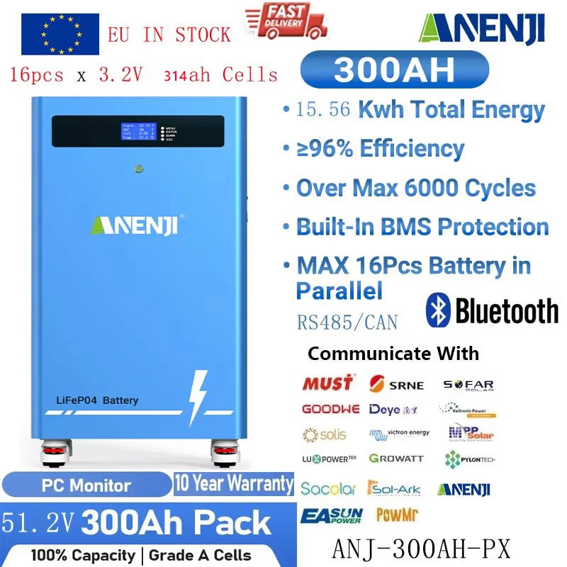 ANENJI 51,2V 314Ah 16kWh LiFePO4 Batteri – Grade A-celler, Bluetooth, CAN/RS485, BMS, Hjul, EU-lager