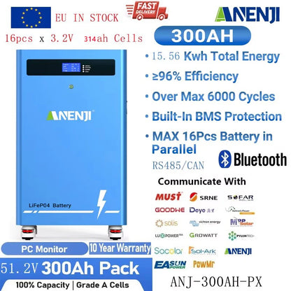 ANENJI 51,2V 314Ah 16kWh LiFePO4 Batteri – Grade A-celler, Bluetooth, CAN/RS485, BMS, Hjul, EU-lager