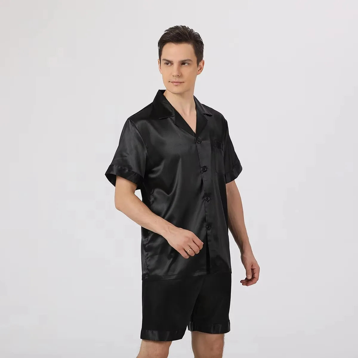 Herr Silk Satin Pyjamas 2-delad – Långärmad Topp & Byxor Tryckt Mönster, Svart/Röd/Marinblå