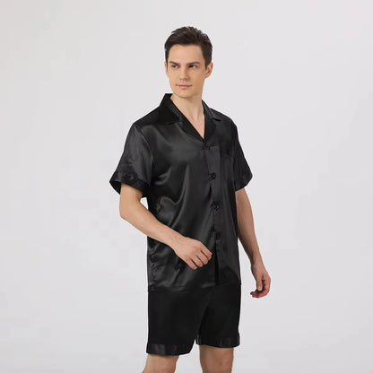 Herr Silk Satin Pyjamas 2-delad – Långärmad Topp & Byxor Tryckt Mönster, Svart/Röd/Marinblå