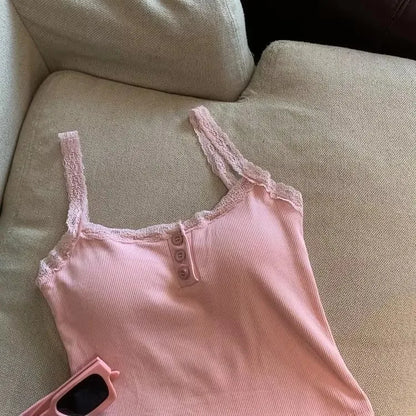 Dam Coquette Y2K Spets Crop Top – Ärmlös Koreansk Stil Sommar Linne Sexig Kawaii, 10 Färger One Size