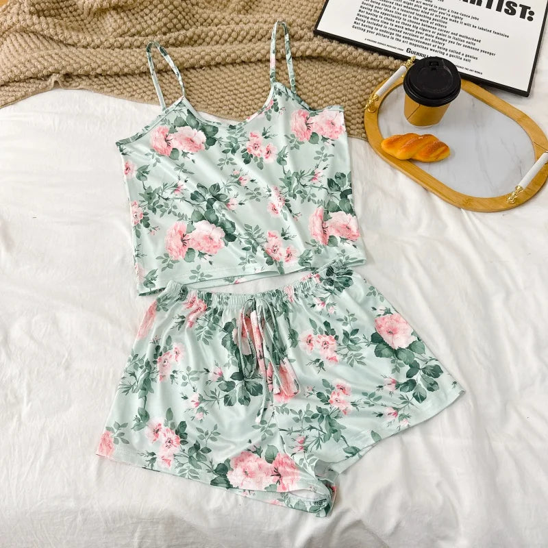 Women's Floral Print Pajama Set Spaghetti Strap V Neck Shorts Sleepwear Summer Breathable Loungewear Multi Print Casual Homewear