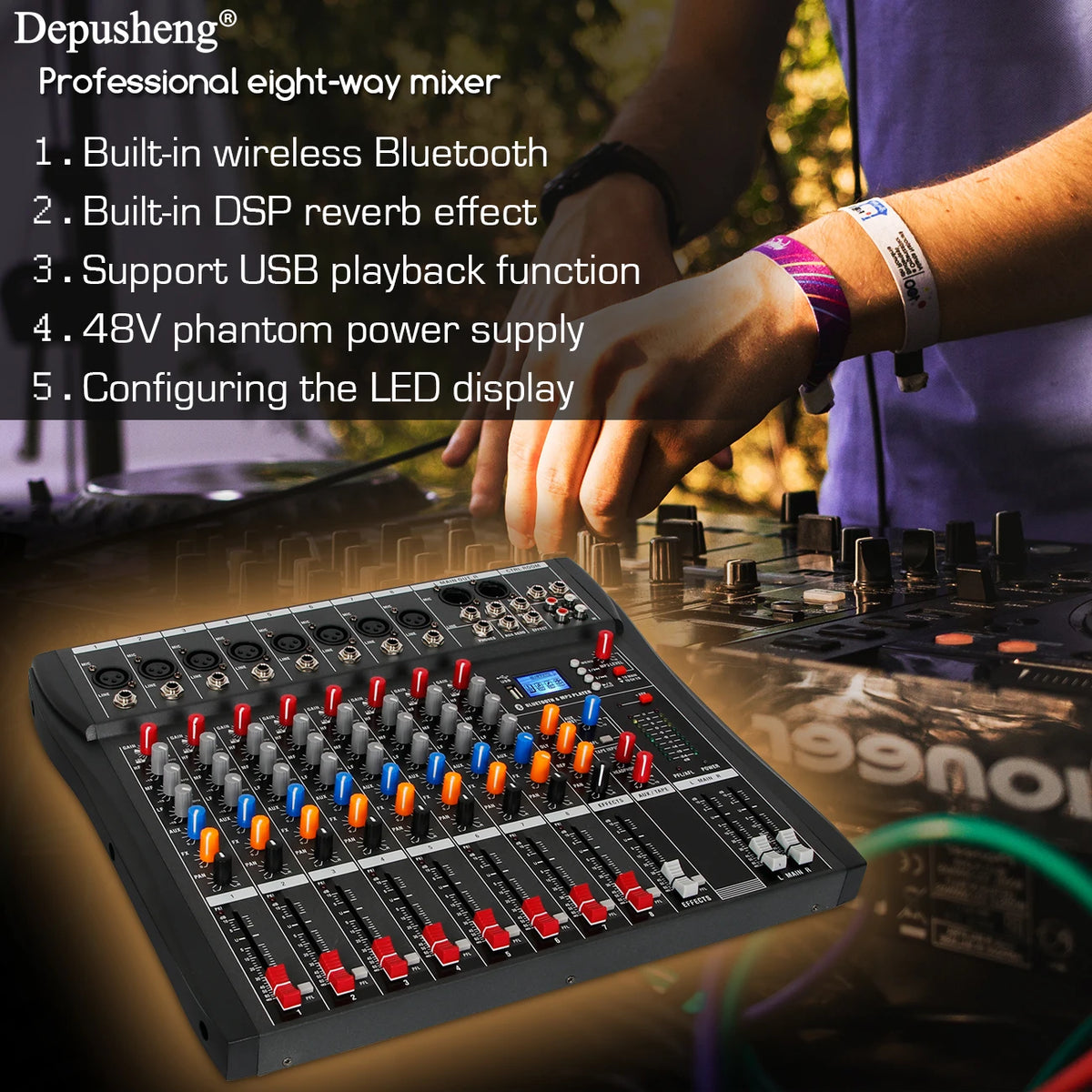 Depusheng DX-seriens ljudmixer med Bluetooth, USB och 3-bands EQ