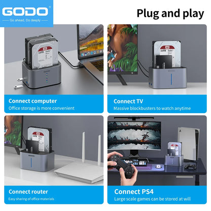 GODO USB 3.0 Dubbel Fack Typ C Hårddiskdocka för 2.5/3.5 tums SATA-enheter