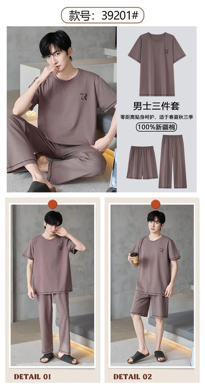 Short Sleeves & Shorts & Long Pant 3Pcs/set Cotton Nightwear for Men Summer Breathable Casual Sleepwear Male Loungewear Hombre