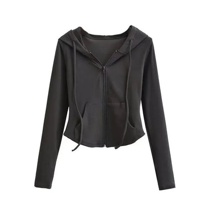 Cropped Hooded Zip-Up Jacket Women Autumn New Slim Long Sleeve Sweatshirts Female Solid Streetwear Sports Hoodies Ropa De Mujer