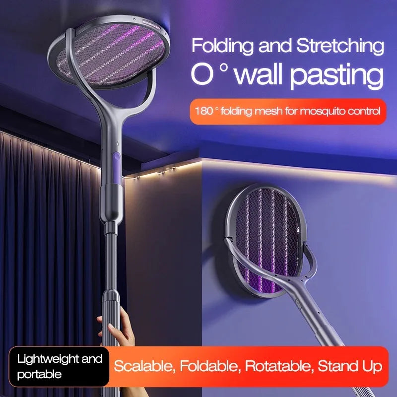 Telescopic Electric Mosquito Swatter & UV Trap Lamp, Extendable 109cm, Safe Physical Killer, Rechargeable, Wall Mount No Gap