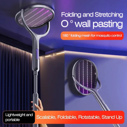 Telescopic Electric Mosquito Swatter & UV Trap Lamp, Extendable 109cm, Safe Physical Killer, Rechargeable, Wall Mount No Gap