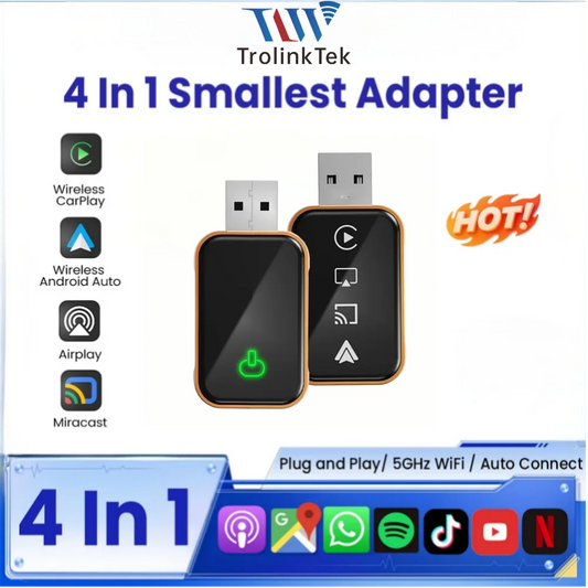 TrolinkTek 2-i-1 Trådlös CarPlay + Android Auto Adapter – Bluetooth 5.4 WiFi6 Auto-Connect Rattknapp iOS 10+ Android 11+ 98% Bilar
