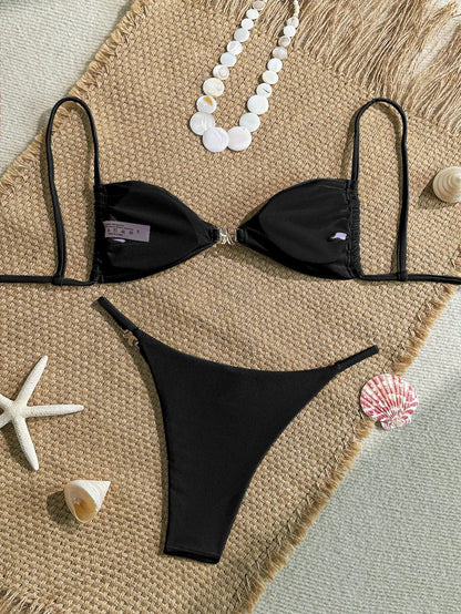 Sexy Solid Color Swimsuit Women' Swimwear 2026 New Bandeau Bikinis Rings Bikini Bandage Beachwear Two Piece Bathing Suit