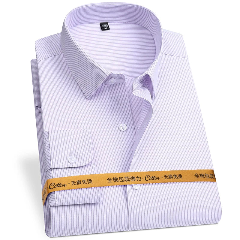 8XL Anti-Wrinkle 80% Cotton 15% Elastic Silk 5% Spandex No-Iron Business Office Soft Cozy Micro Elastic Long-sleeved Shirts Men