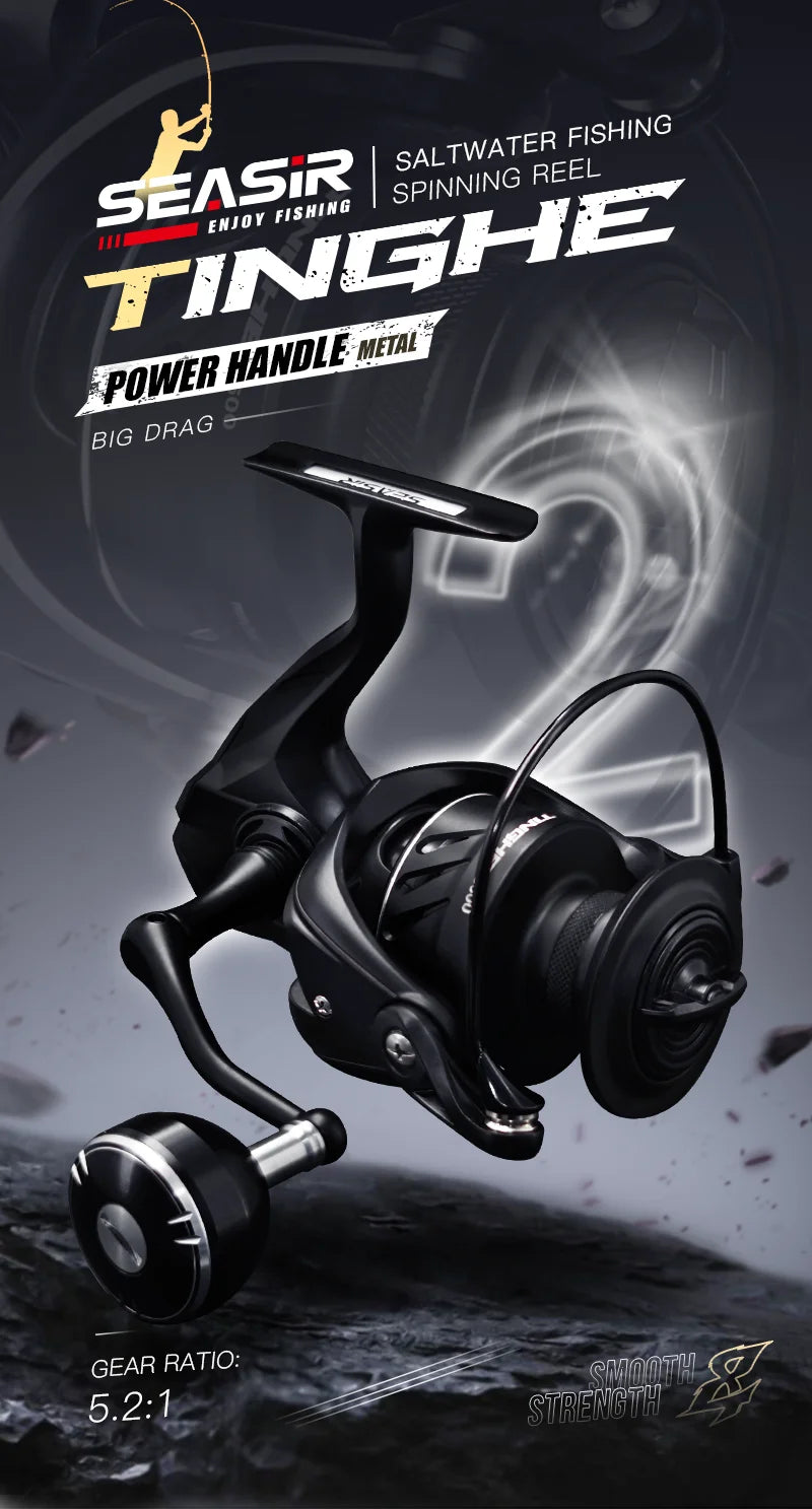 SEASIR TINGHE Spinning Fiskerulle – Max 20kg Drag, 5.2:1, Saltvattensskyddad, Aluminiumhandtag, 2500–6000