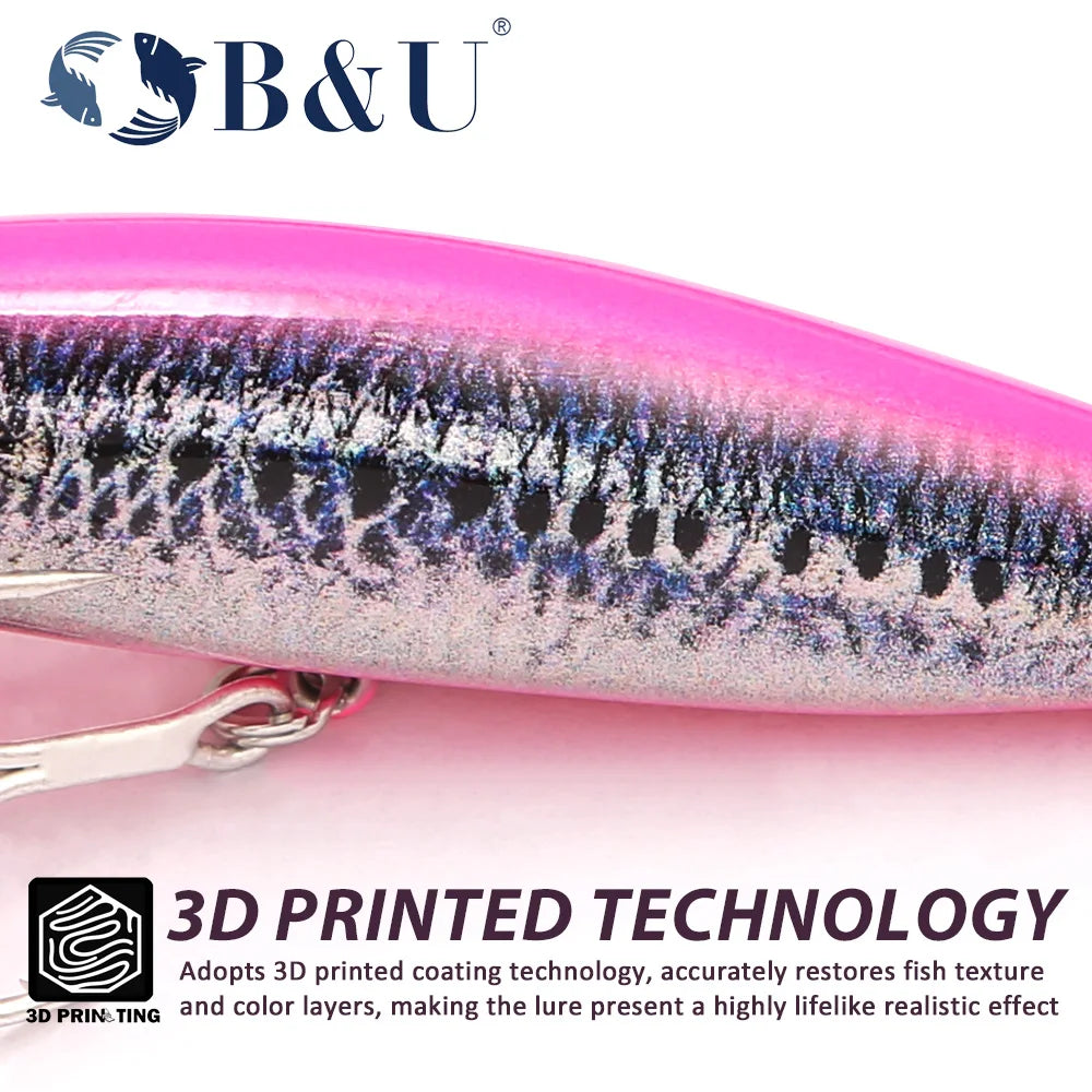 B&U Sinking Sea Fishing Minnow Lure  Long Cast Hard Bait with Sharp Treble Hooks, Saltwater Lures for Sea Bass Pike