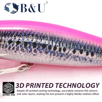 B&U Sinking Sea Fishing Minnow Lure  Long Cast Hard Bait with Sharp Treble Hooks, Saltwater Lures for Sea Bass Pike