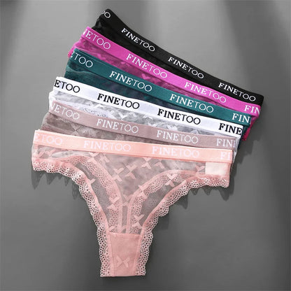 FINETOO Women Sexy Lace Low-Rise Thongs Letter Waist Transparent G-String Ladies Seamless Lingerie Hollow Out Perspective T-Back