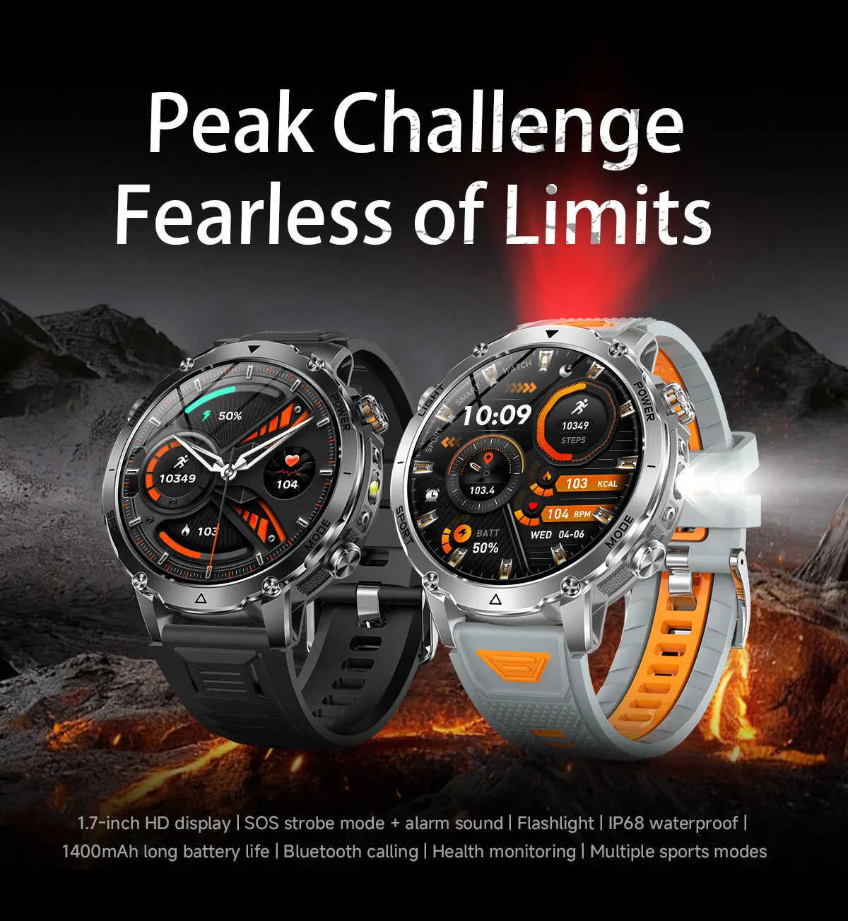 New 1400 mAh Battery Military Smartwatch Men IP68 Waterproof Flashlight Health Monitor Sports Call Smart Watch For iOS Android