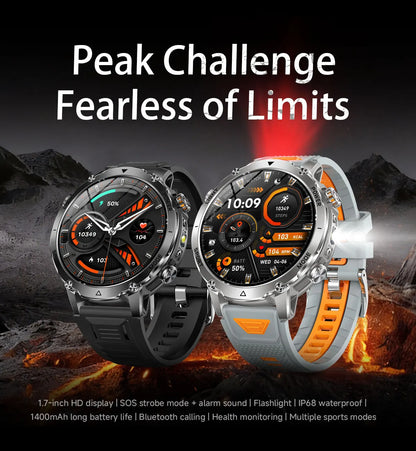 New 1400 mAh Battery Military Smartwatch Men IP68 Waterproof Flashlight Health Monitor Sports Call Smart Watch For iOS Android