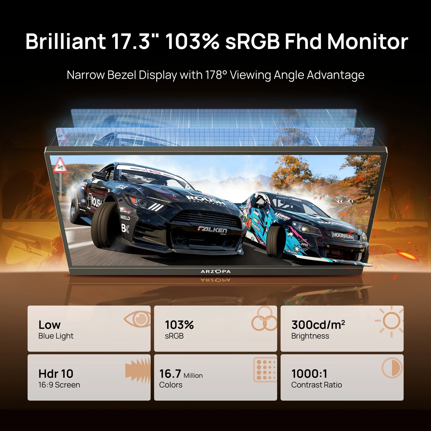 ARZOPA A1M Portabel Skärm 17,3" 1080P IPS – 100% sRGB HDR10 60Hz Inbyggt Stativ Dubbla Högtalare Aluminium USB-C HDMI