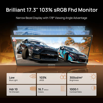 ARZOPA A1M Portabel Skärm 17,3" 1080P IPS – 100% sRGB HDR10 60Hz Inbyggt Stativ Dubbla Högtalare Aluminium USB-C HDMI