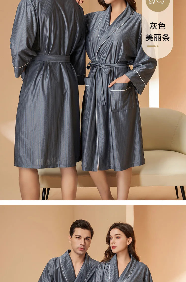 New Stripe Couple Bathrobe Cool Thin Spring Autumn Mid-Length Water Absorbent Loungewear Robe Men Women Luxury Home Nightgown