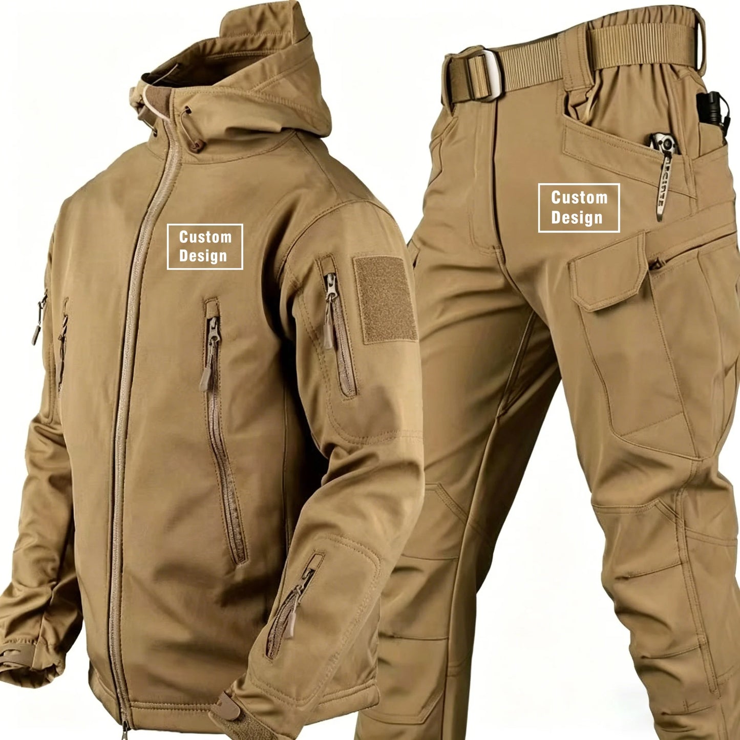 Herr Militär Softshell Set 2026 – Fleece Jacka + Byxor Outdoor, Grå/Svart/Khaki/Kamouflage S–4XL