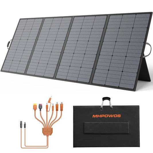 MHPOWOS Portabel Solpanel – 110W/220W/400W, Monokristallin 23,5%, IP67, Kickstands, Jackery/EcoFlow/Bluetti, Camping/Husbil/Off-Grid, Multi-lager