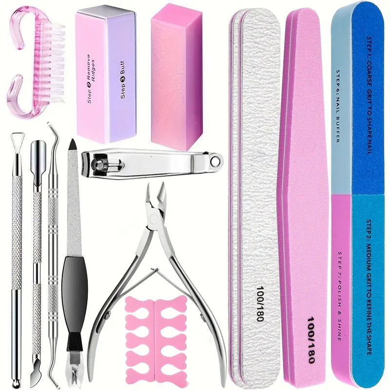 10/15pcs Professional Nail Art Kit with 100/180 Grit Files,Buffer Sponge,Brush,Scissors,Cuticle Nippers Pushers Gel Polish Tools