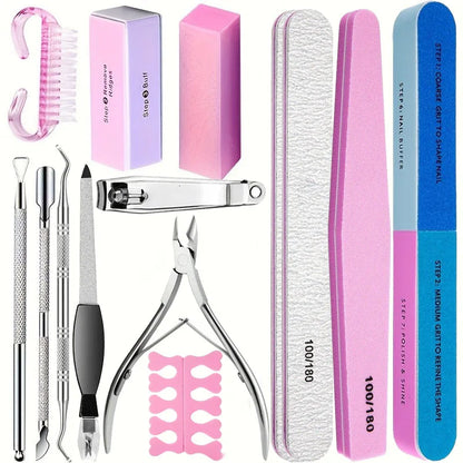 10/15pcs Professional Nail Art Kit with 100/180 Grit Files,Buffer Sponge,Brush,Scissors,Cuticle Nippers Pushers Gel Polish Tools