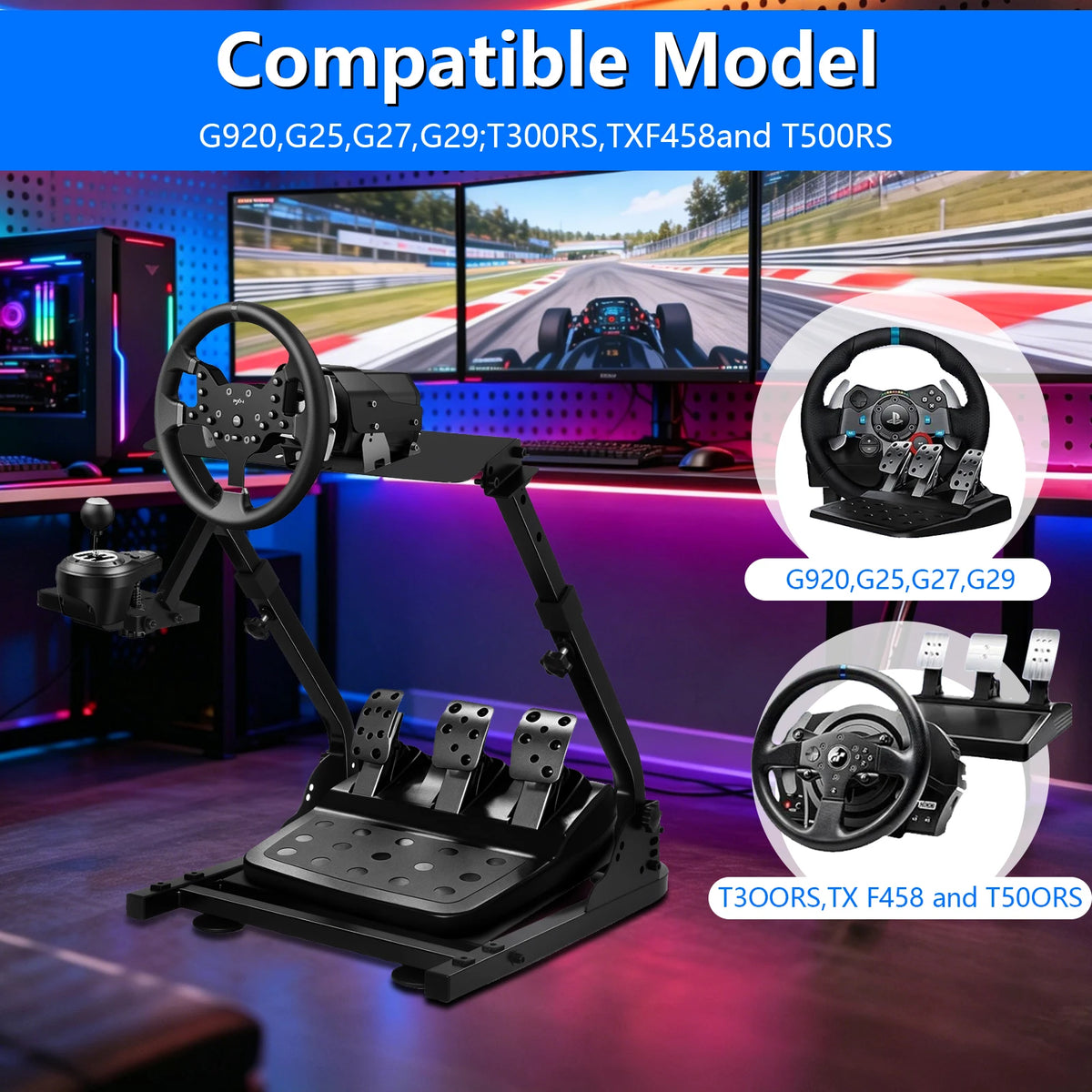 Foldable Racing Steering Wheel Stand Adjustable Universal Steering Wheel Mount Carbon Steel Racing Simulator Stand Anti-slip Feet for Gaming Racing Enthusiasts