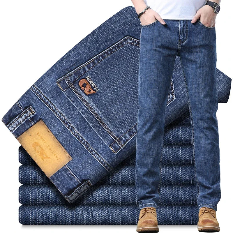 Spring and Summer Thin Men's Light Blue Slim Jeans Stylish Casual Stretch Fabric Denim Pants Classic Trousers Smoke Gray