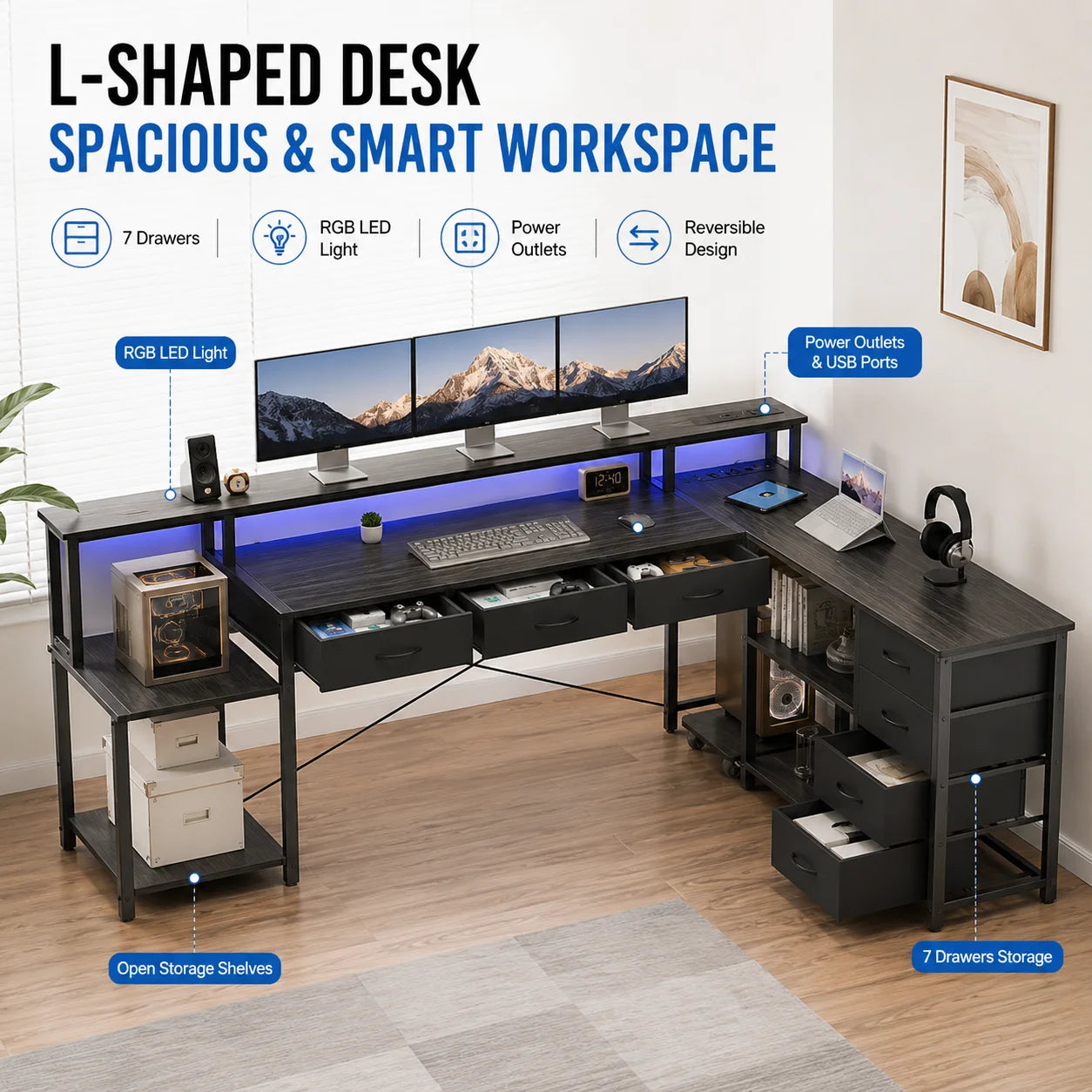 L Shaped Computer Desk with RGB LED Lights Reversible Gaming Desk Power Outlet Monitor Stand Drawers Storage