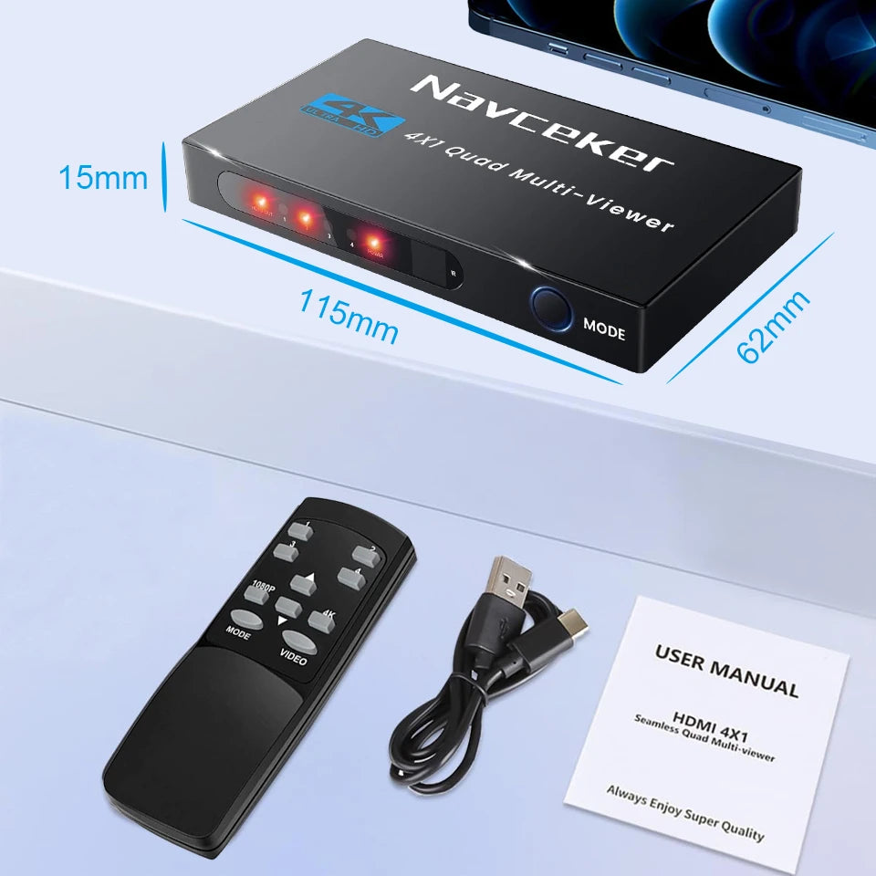 Navceker HDMI-multiviewer 4x1 med 9 visningslägen