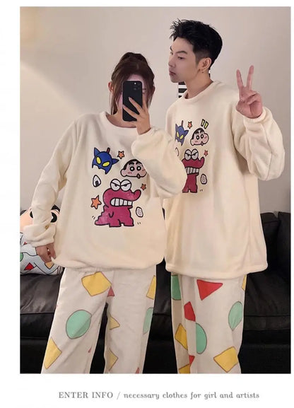 Kawaii Crayon Shin-Chan Couple Pajamas Set New Men's/women's Fashion Casual Pajama Plush Coral Fleece Winter Cartoon Homeclothes
