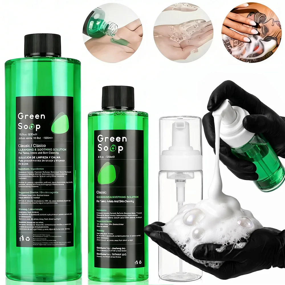 500/250ML Tattoo Green Soap Concentrated Tattoo Cleaning Soap Green Algae Soap with Foam Pump Bottle Tattooing Piercing Supplies