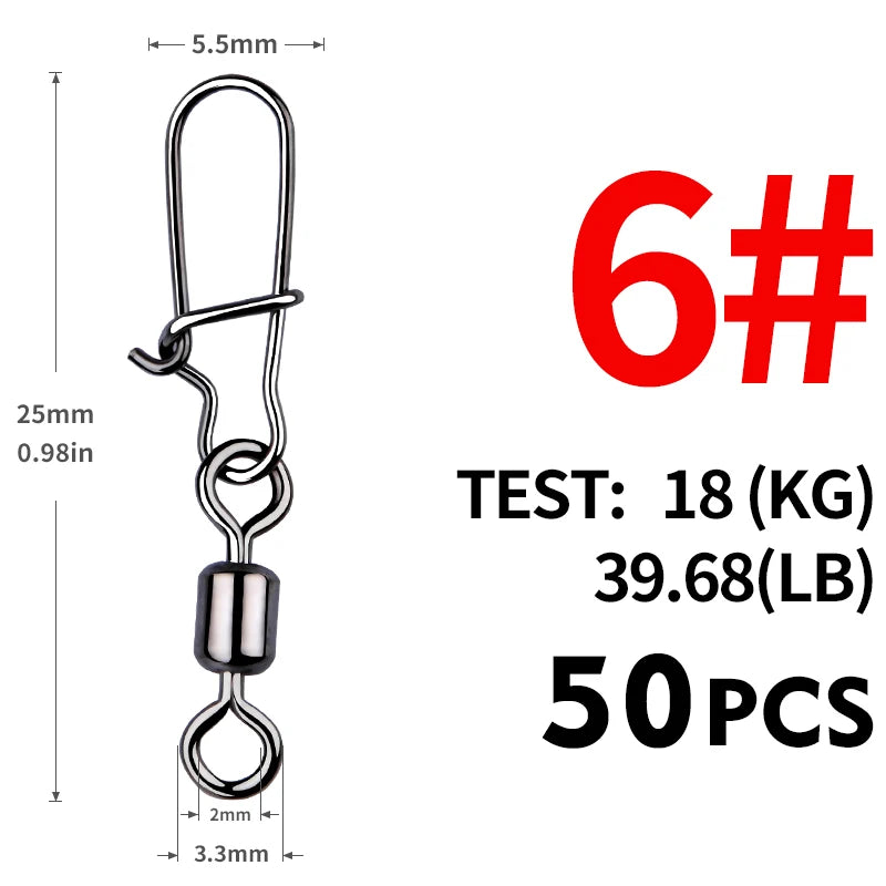 MEREDITH 50PCS Pike Fishing Accessories Connector Pin Bearing Rolling Swivel Stainless Steel Snap Fishhook Lure Swivels Tackle