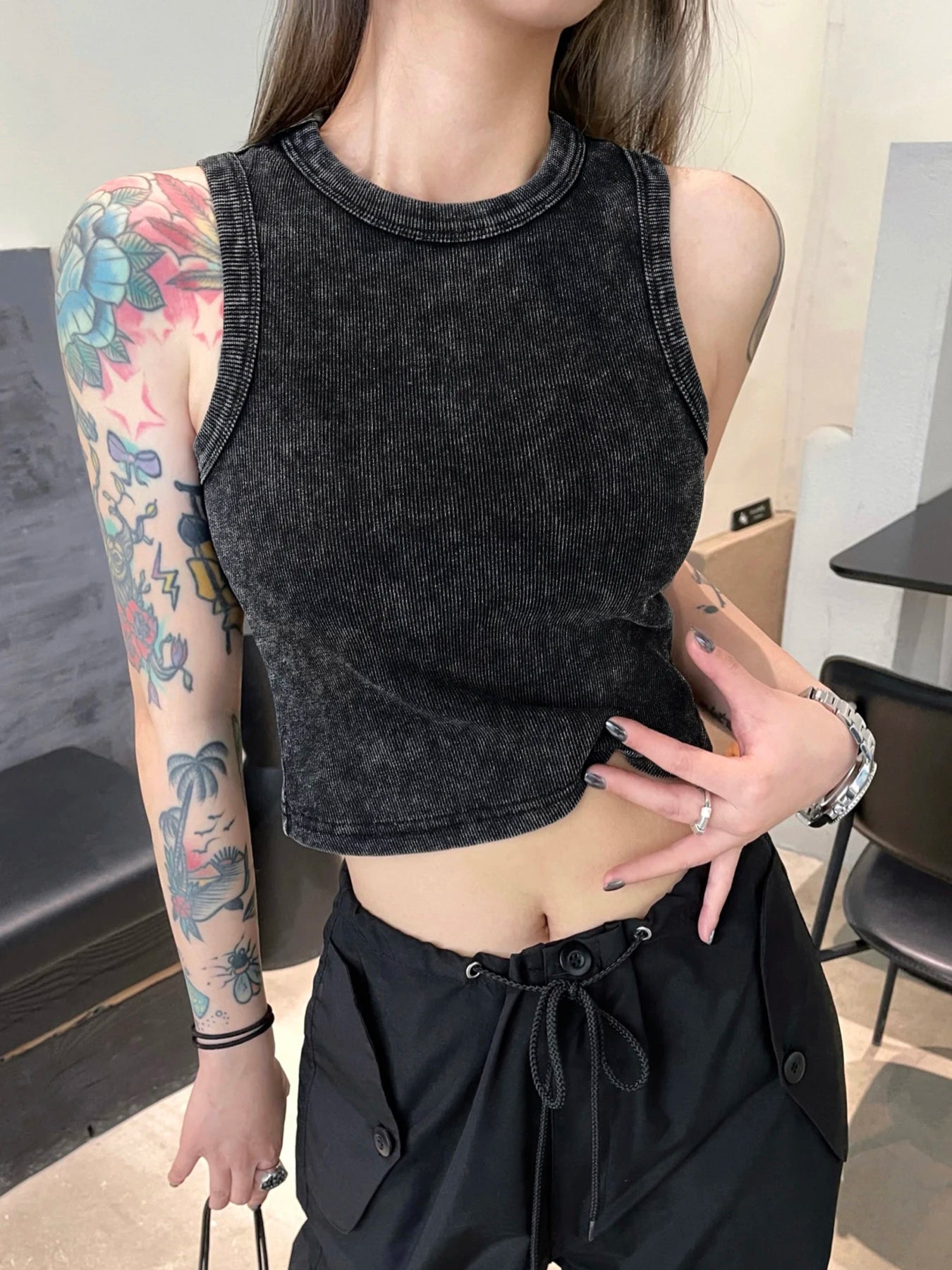 Dam Y2K Bomull Linne Crop Top – Tight Washed Streetwear Casual Sommar, 10 Färger M–XXL