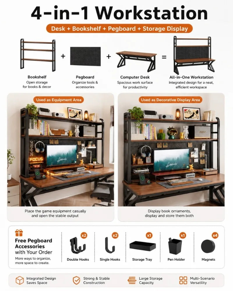 Gaming Desk with Bookshelf and Pegboard Computer Desk with Storage Shelf Home Office Study Desk for Bedroom Small Space
