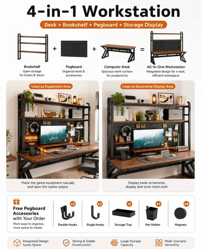 Gaming Desk with Bookshelf and Pegboard Computer Desk with Storage Shelf Home Office Study Desk for Bedroom Small Space
