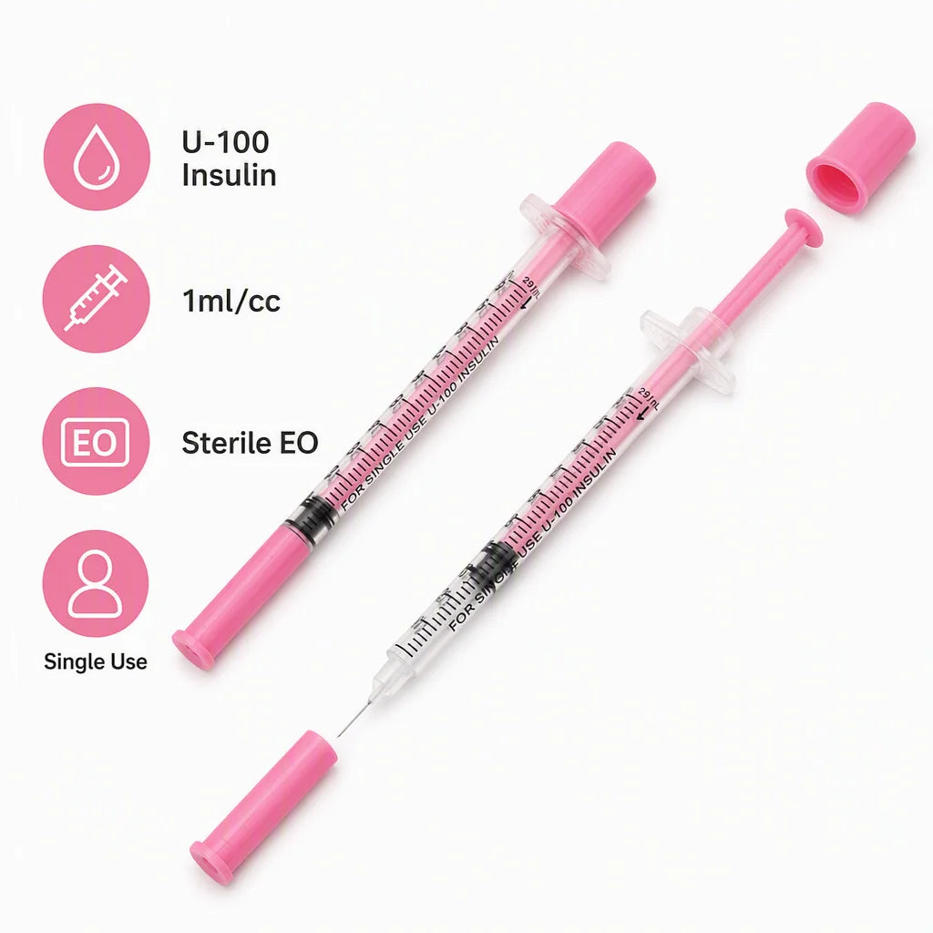 Rosa 1 ml insulinspruta med 30G/31G 8 mm nål, 100-pack
