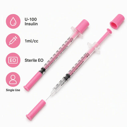 Rosa 1 ml insulinspruta med 30G/31G 8 mm nål, 100-pack