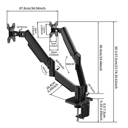 Dual Monitor Mount Stand for 13-32 Inch Screens, Fully Adjustable Double Monitor Bracket with 180° Swivel Tilt & 360° Rotation, Space Saving Desktop Screen Holder for Home Office Gaming Workstation